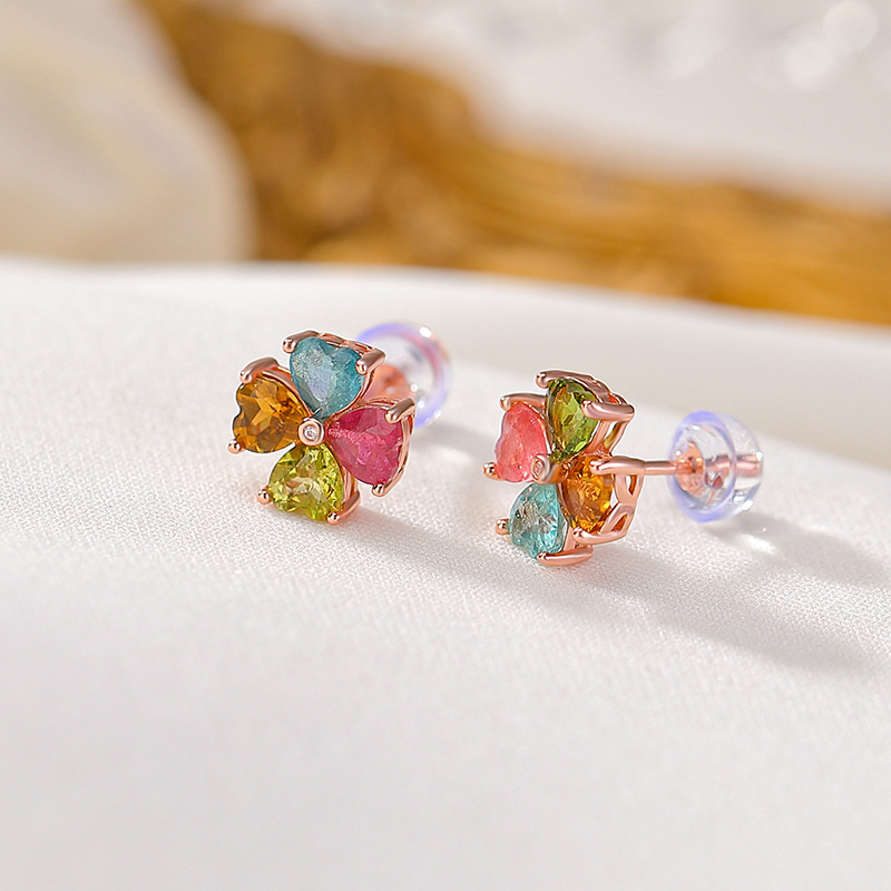 Bông tai bạc S925 mạ vàng hồng hình trái tim đính đá tourmaline — Một cặp (màu ngẫu nhiên của tourmaline)