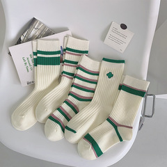 Women's Green Stripe Embroidered Cotton Socks - Autumn/Winter New Style YX2023 - Breathable and Personality Socks for Wholesale