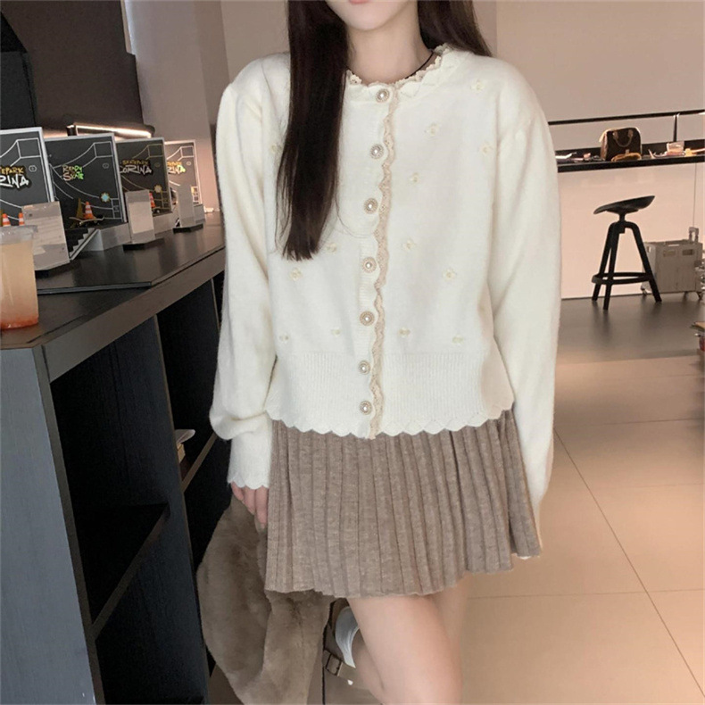 2024春秋新款拼色蕾丝拼接针织开衫女宽松设计感短毛衣外套上衣潮详情6