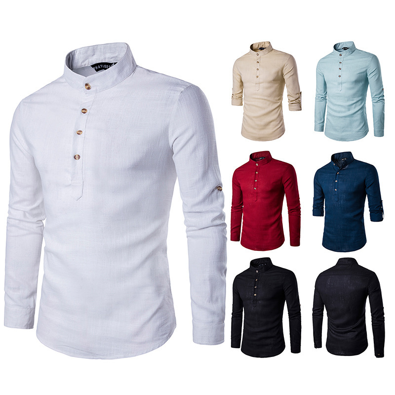 Amazon transfronterizo nuevos hombres de tamaño europeo de color sólido de algodón y lino camisa de manga larga Henry Collar de lino de color sólido camisa de cuello alto