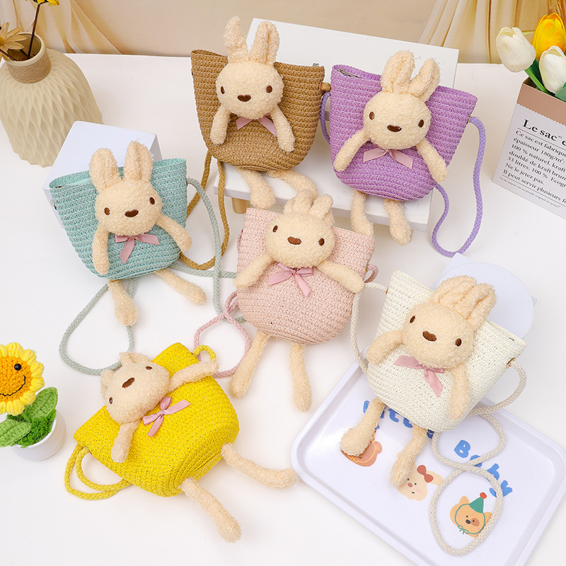 宝宝草编小包包儿童夏天小清新夏季新款卡通小熊斜跨零钱包沙滩包