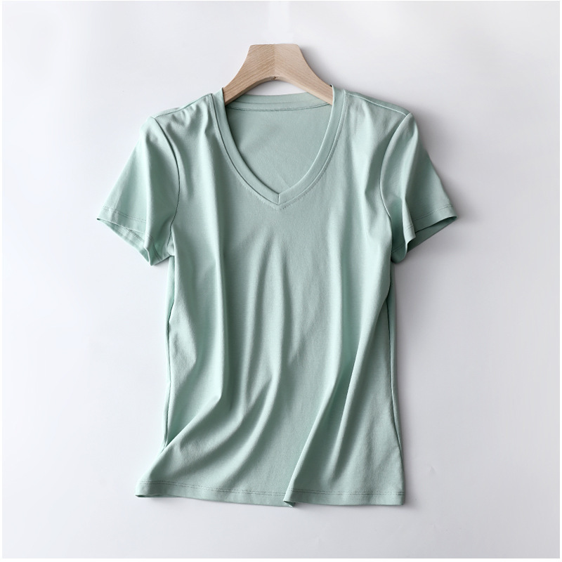 メーカースポット2024夏80本両面シルク綿tシャツ女園vネック半袖純色綿半袖tシャツ