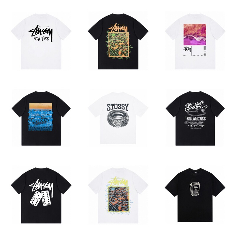 Stusy Stussy 2025 New 8 Men's and Women's Short-Sleeved T-Shirt Summer Black White Men's Loose T-Shirt 270g