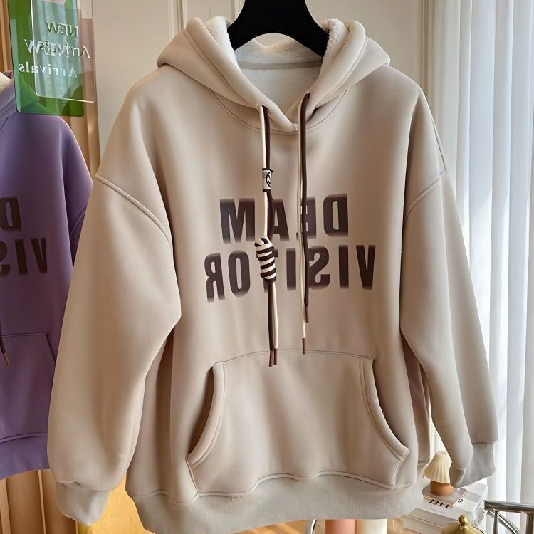 大码胖妹妹加绒卫衣女秋冬连帽盐系休闲字母印花保暖超火外套ins