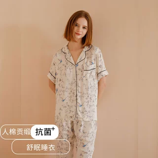 春夏新品抗菌人棉贡缎女士飞鸟图印花短袖长裤翻领家居服套装