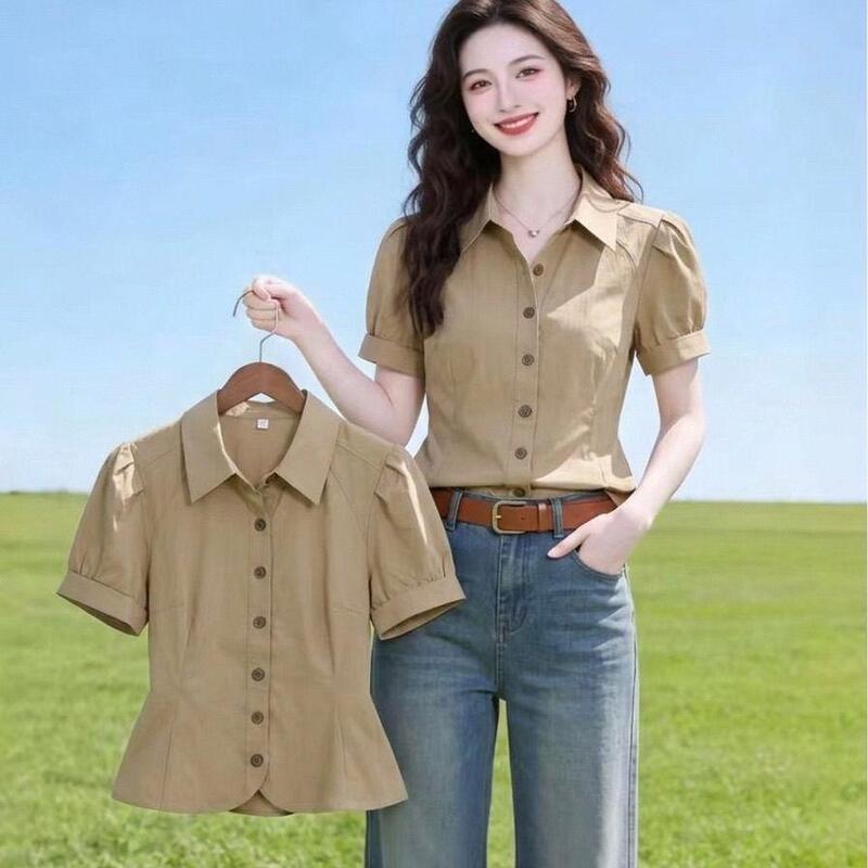 2026 Summer New Style Slim-Fit Versatile Niche Khaki Color Turn-Down Collar Short-Sleeve Shirt Top for Travel Season