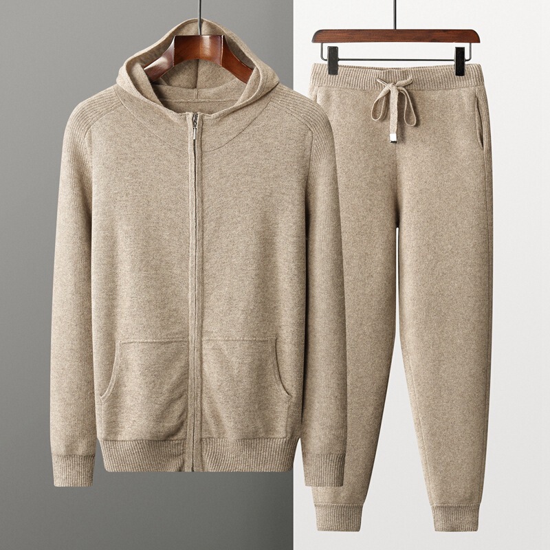 New Thickened Casual Wool Sweater with Zipper, Knitted Cardigan, Sports Loose Pants, Cashmere Sweater Set, Men's Hooded Sweatshirt