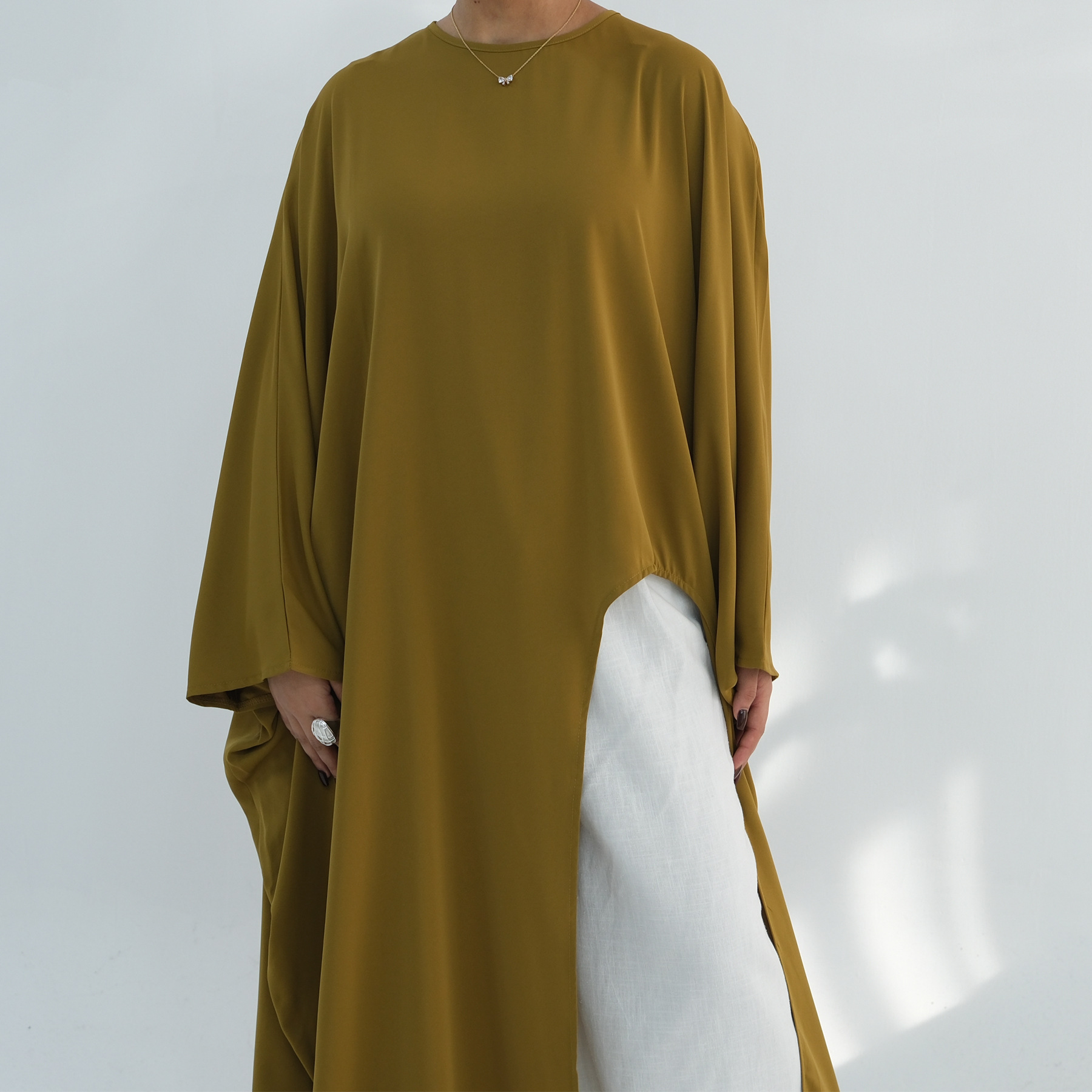 Voya Women's Oversized Modest Robe - Loose Fit Asymmetric Top With Crew Neck, Solid Color Longline Cardigan, Casual Loungewear, Elegant Daily Wear,_ecoleips.com