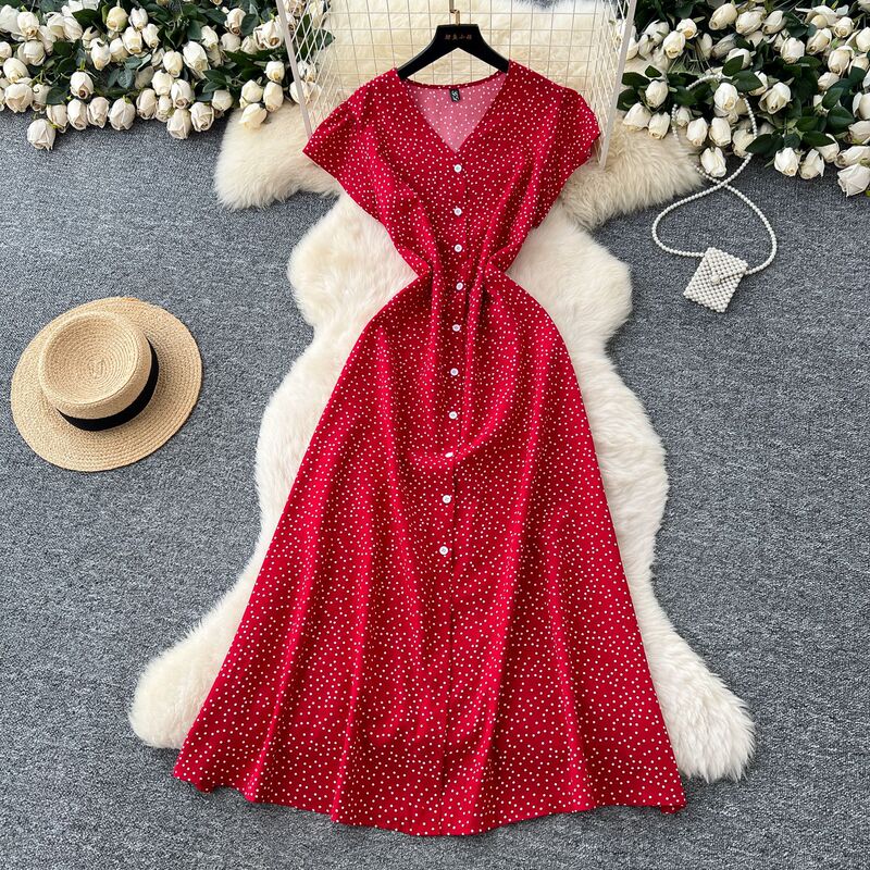 French Retro V Neck Flying Sleeve Waist Dress for Women 2025 Summer Slimming Look Elegant Single-Breasted Floral Long Skirt