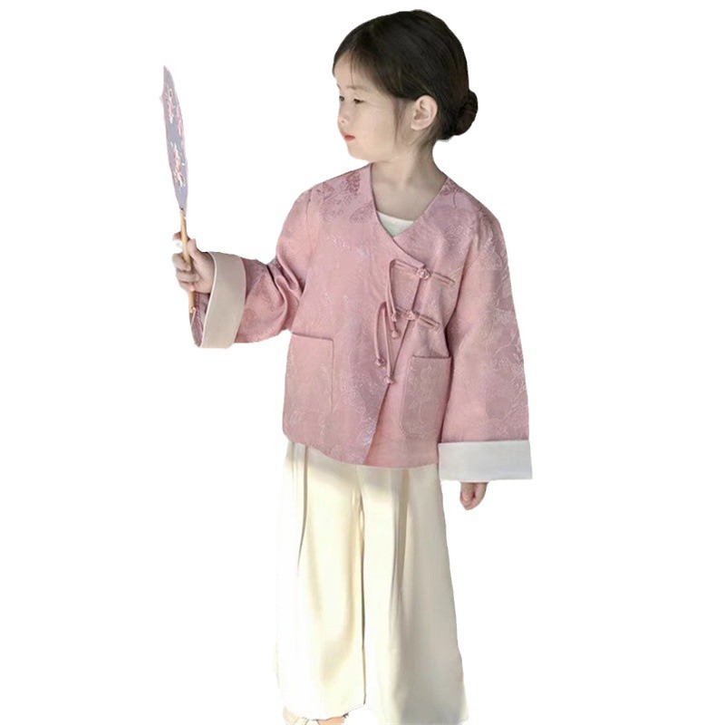 Primavera y otoño de las niñas hanbok 2025 nuevo bebé estilo extranjero nuevo abrigo jacquard chino para niños set de estilo nacional niña