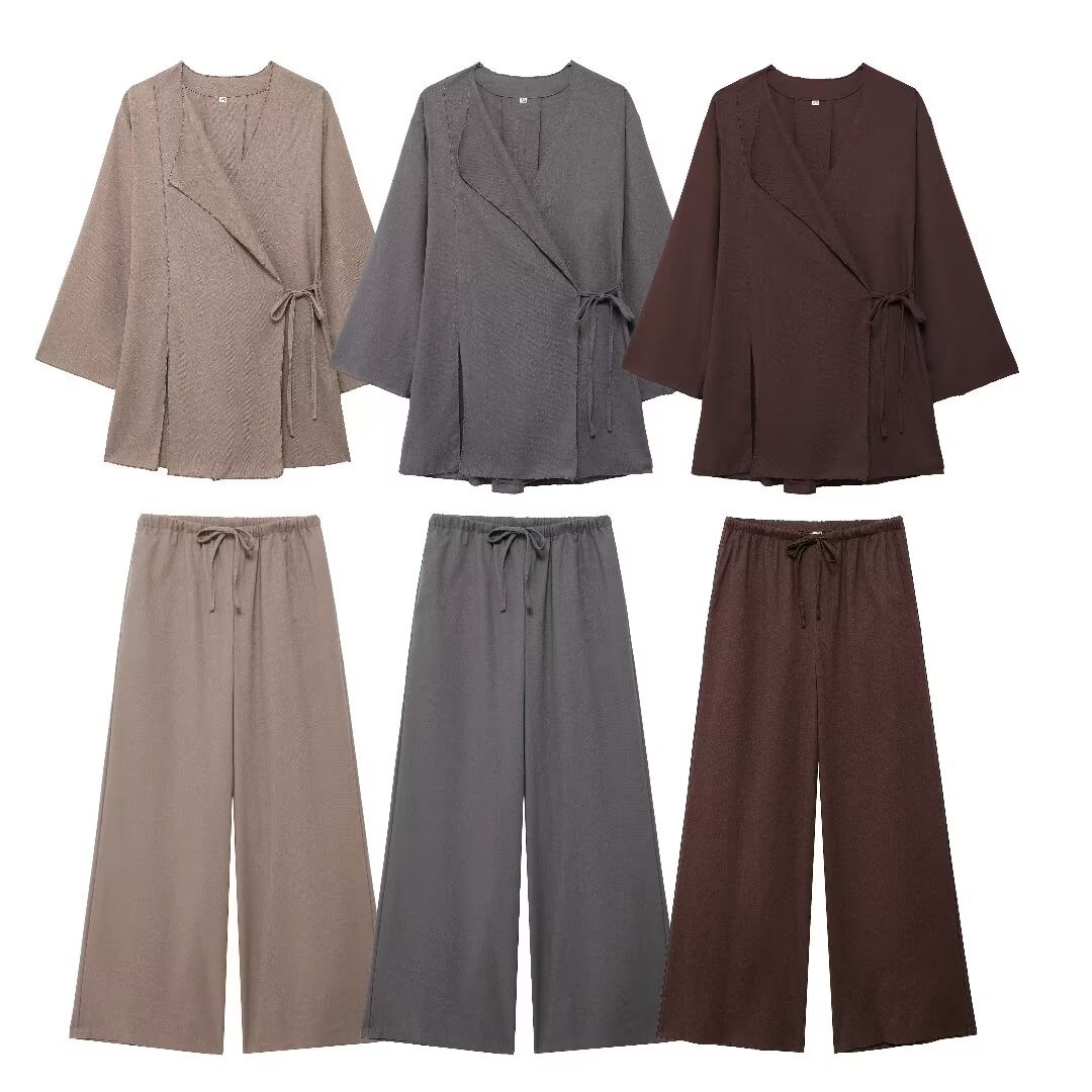 Ensemble veste de costume à col en V en lin pour femme 2024 été avec pantalon fendu_voghion.com