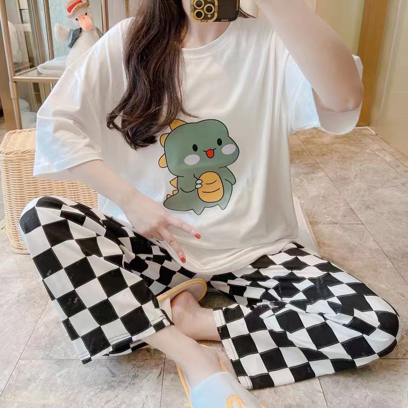 Pijamas traje de verano estudiante ins nuevos pantalones de manga corta pantalones a cuadros sueltos más tamaño de dibujos animados coreanos ropa para el hogar image 31