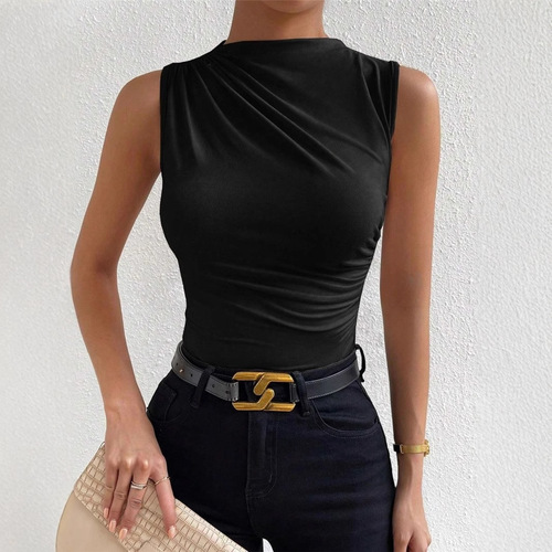 Cross-border European and American Women's 2024 Spring and Summer New Fashion Matcha Pure Color Pleated Sleeveless Hooded Half-Neck T-shirt