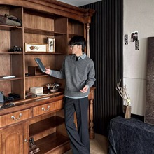 美式复古假两件v领毛衣男冬季慵懒高级青少年男士内搭打底针织衫