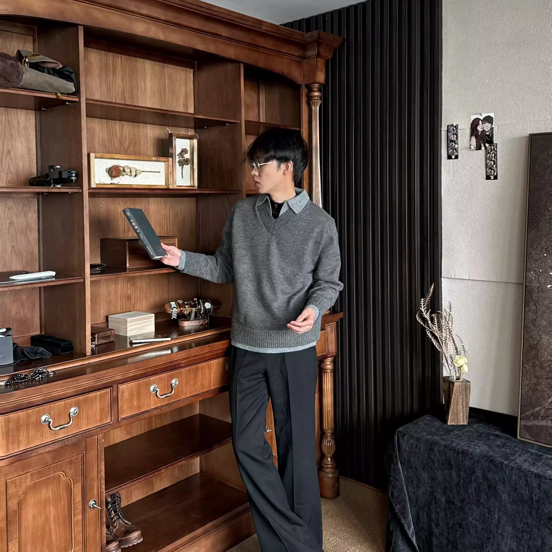 美式复古假两件v领毛衣男冬季慵懒高级青少年男士内搭打底针织衫