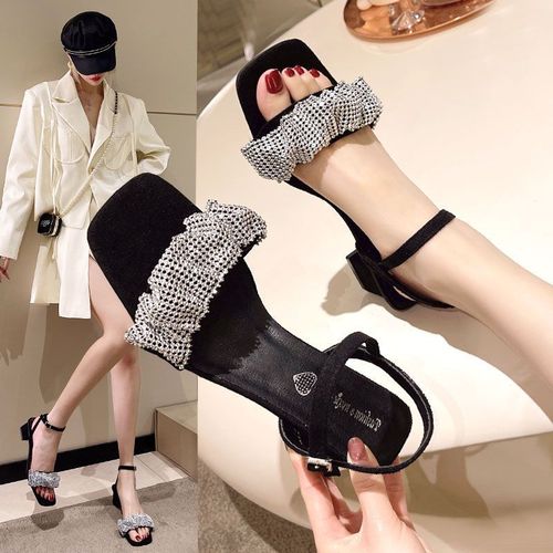 2025 Summer New Fashion Ladies High Heel Thick Sole Stylish Matchable One-Buckle Square Toe Medium Heel Women's Sandals