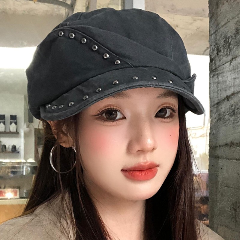 美式复古铆钉贝雷帽女个性小众辣妹显脸小报童帽千禧八角画家帽子|undefined