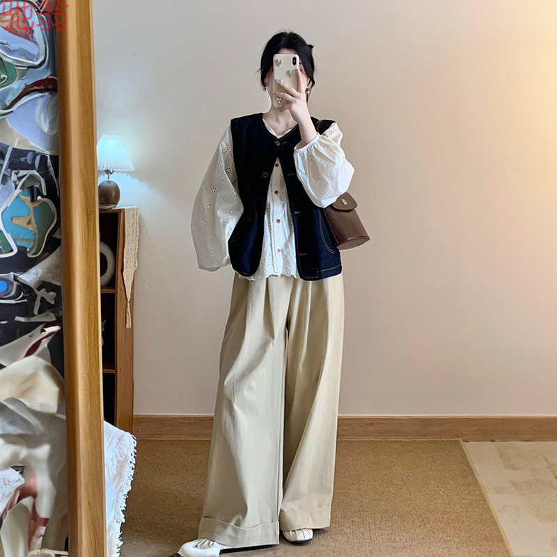 H8A Two-piece/suit Korean Style Vintage Denim Vest Embroidered Shirt Loose Casual High Waist Wide-leg Pants