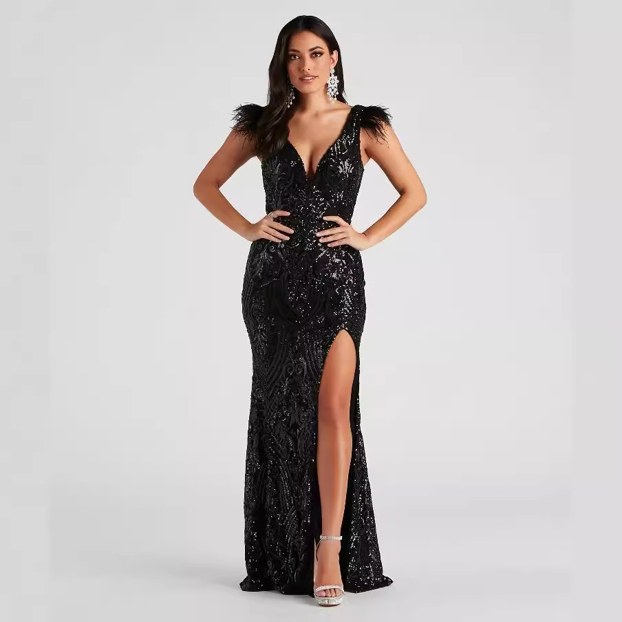 Transfronterizo 2024 verano nueva moda delgado de alta densidad con lentejuelas banquete vestido de noche
