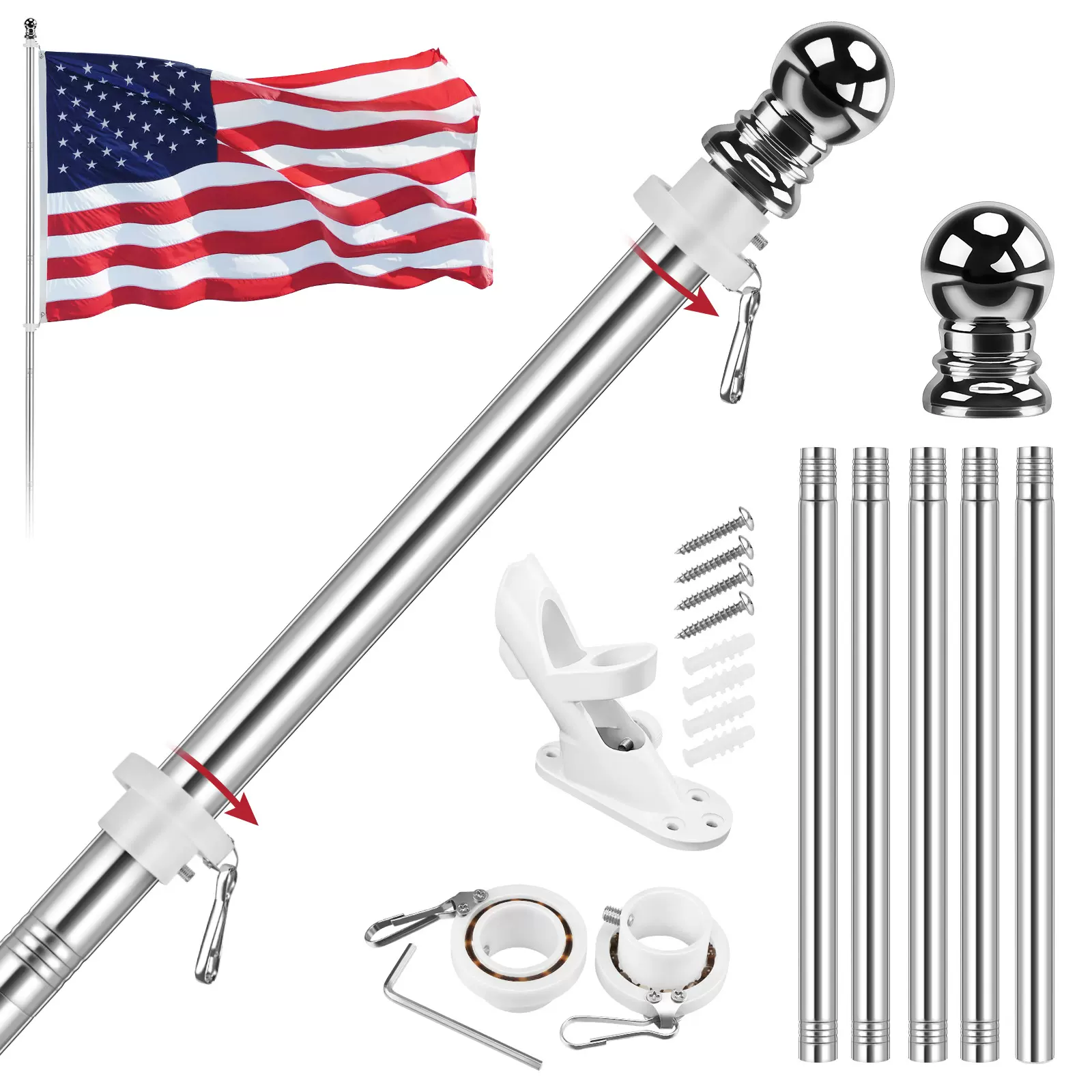 旗杆 户外壁挂式5节6英尺不锈钢旗杆6ft五节式拼接旗杆组合批发