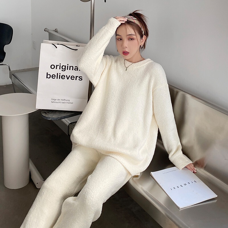 Pajamas Women's Autumn and Winter Soft Fleece-Lined Thickened Warm Simple Loose Comfortable Solid Color Suit Home Wear