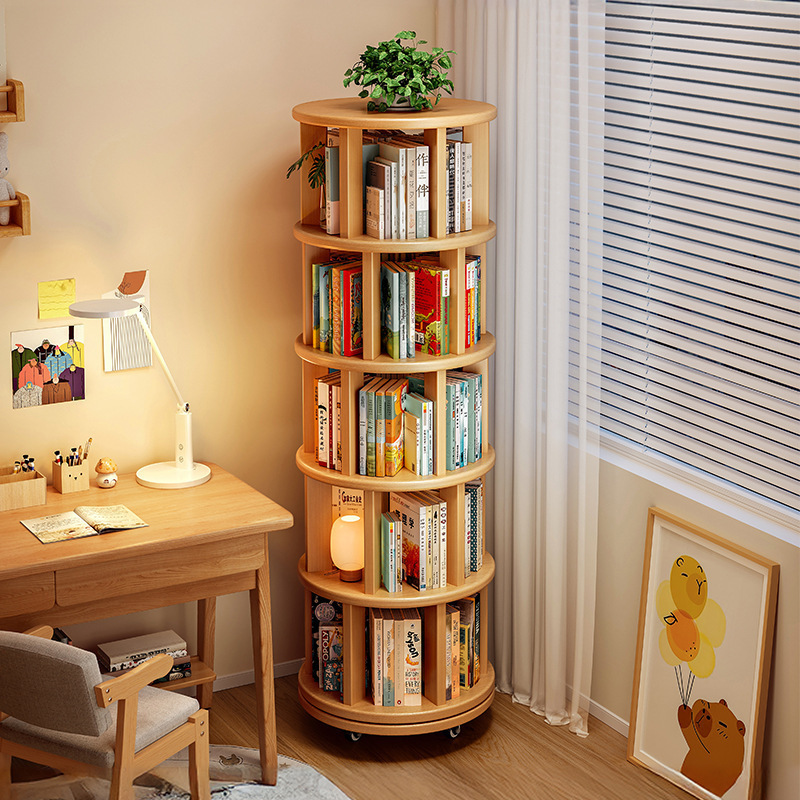 Solid Wood Rotating Bookshelf Bookcase Storage Rack Floor-Standing Integrated Wall-Mounted Removable Corner Children's Small Narrow Cabinet