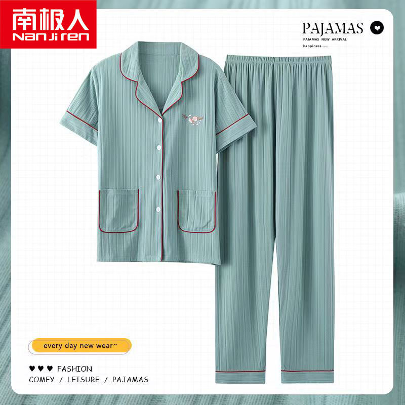 Pijamas de mujer de verano de algodón de manga corta pantalones de solapa de verano de las mujeres delgadas homewear traje