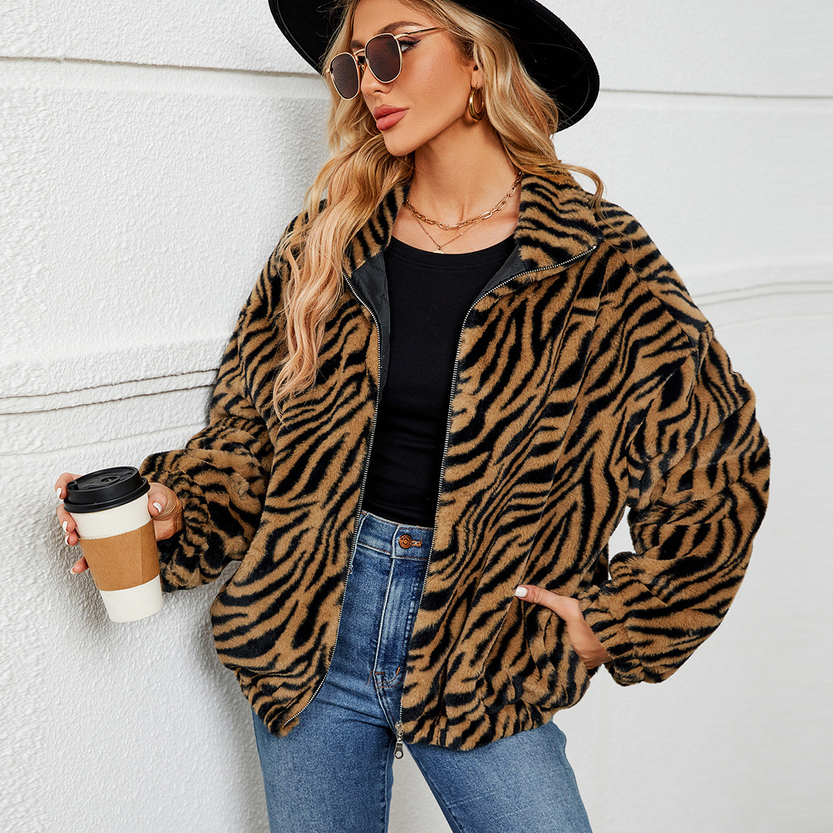 Women's zebra-patterned plush stand-up collar zipper coat imitation fur coat_voghion.com