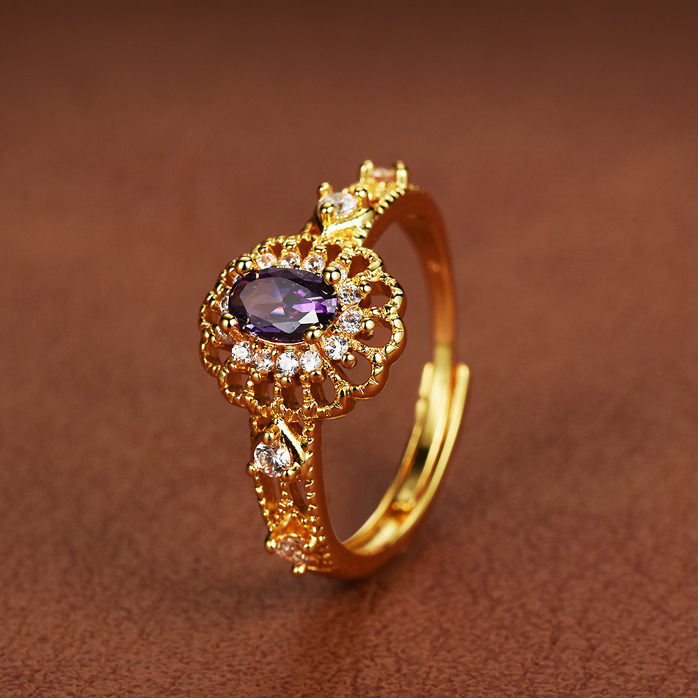Gold-Plated Light Luxury Exquisite Palace Style High-End Nine Purple Fire Zircon New Chinese Brushed Open Ring for Women