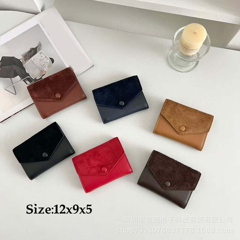Genuine Leather Multi-Card Slot Color-Blocked Large-Capacity First-Layer Cowhide Simple Wallet Suede Nubuck Short Style 70% off Women's Wallet