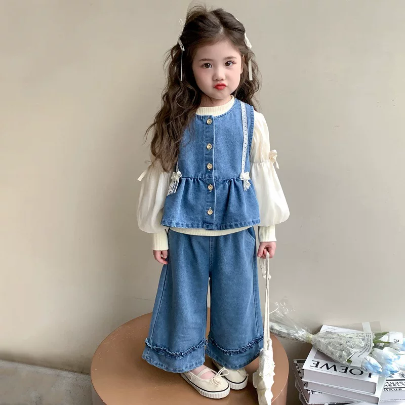 Demi-season denim trousers, spring set girl's, Chanel style, Korean style, 3 piece set