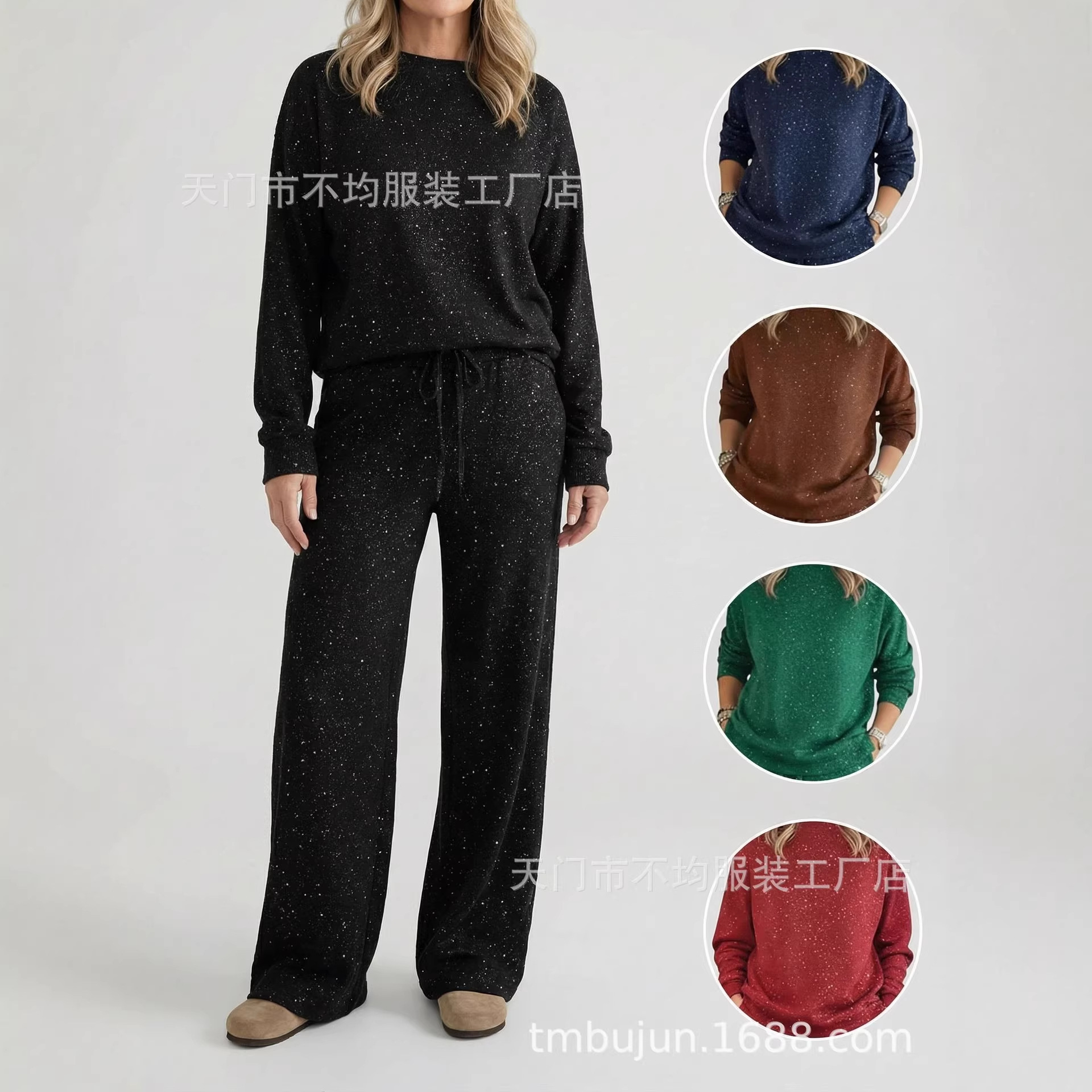 European and American Foreign Trade Cross-Border Women's Clothing Amazon Hot-Selling Items Autumn and Winter Gold-Spattered Sweatshirt and Wide-Leg Pants Casual Two-Piece Set