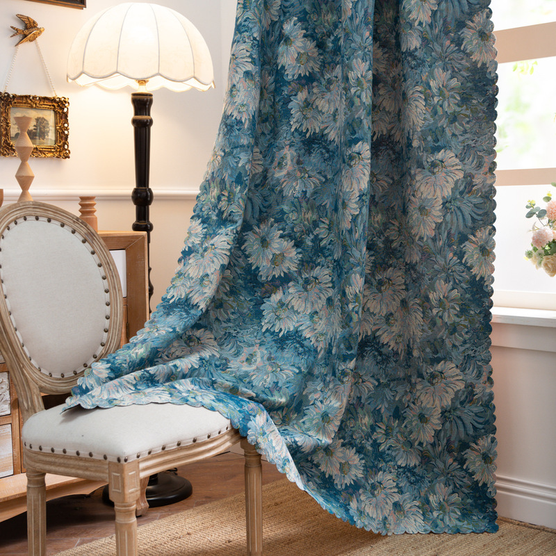 French-Style Retro Blue Bedroom and Living Room Holiday Decoration Curtains, Finished Kitchen Curtains, Bay Window Semi-Blackout, Factory Direct Supply
