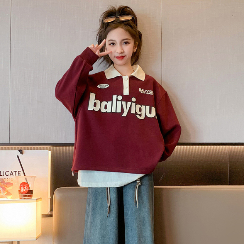 Kinderkleidung Mädchen im Jahr 2024 Neuheit, mittelgroßer Kapuzenpullover mit Polokragen, Reversoberteil, Frühling und Herbst für Kinder_voghion.com