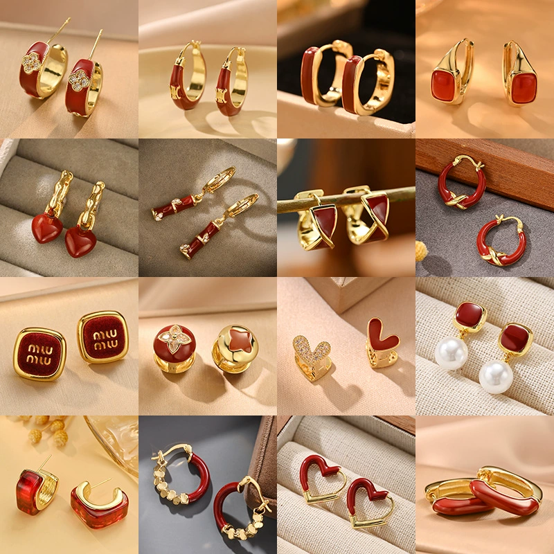 Демисезонные красные модные серьги, стиль light-luxury, assorted designs, лёгкая 3×3 см