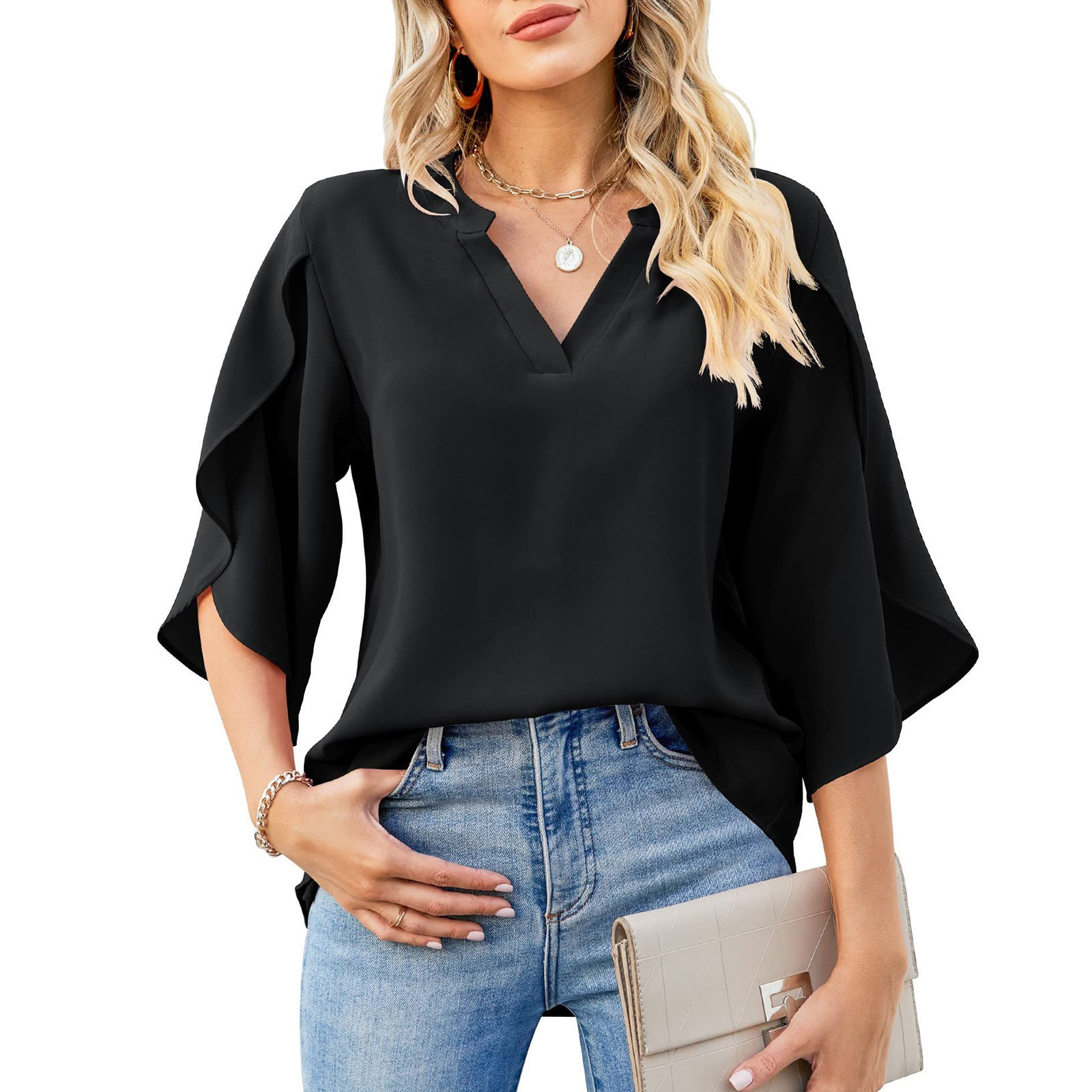 Camicia donna in chiffon con scollo a v e maniche a petalo_voghion.com