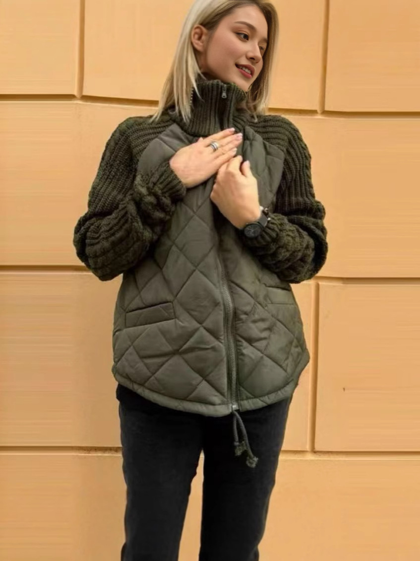 Amazon 2025 otoño y invierno nueva moda europea y americana cardigan con cremallera de manga larga de cuello de altura abrigo de algodón de mujer ropa de algodón
