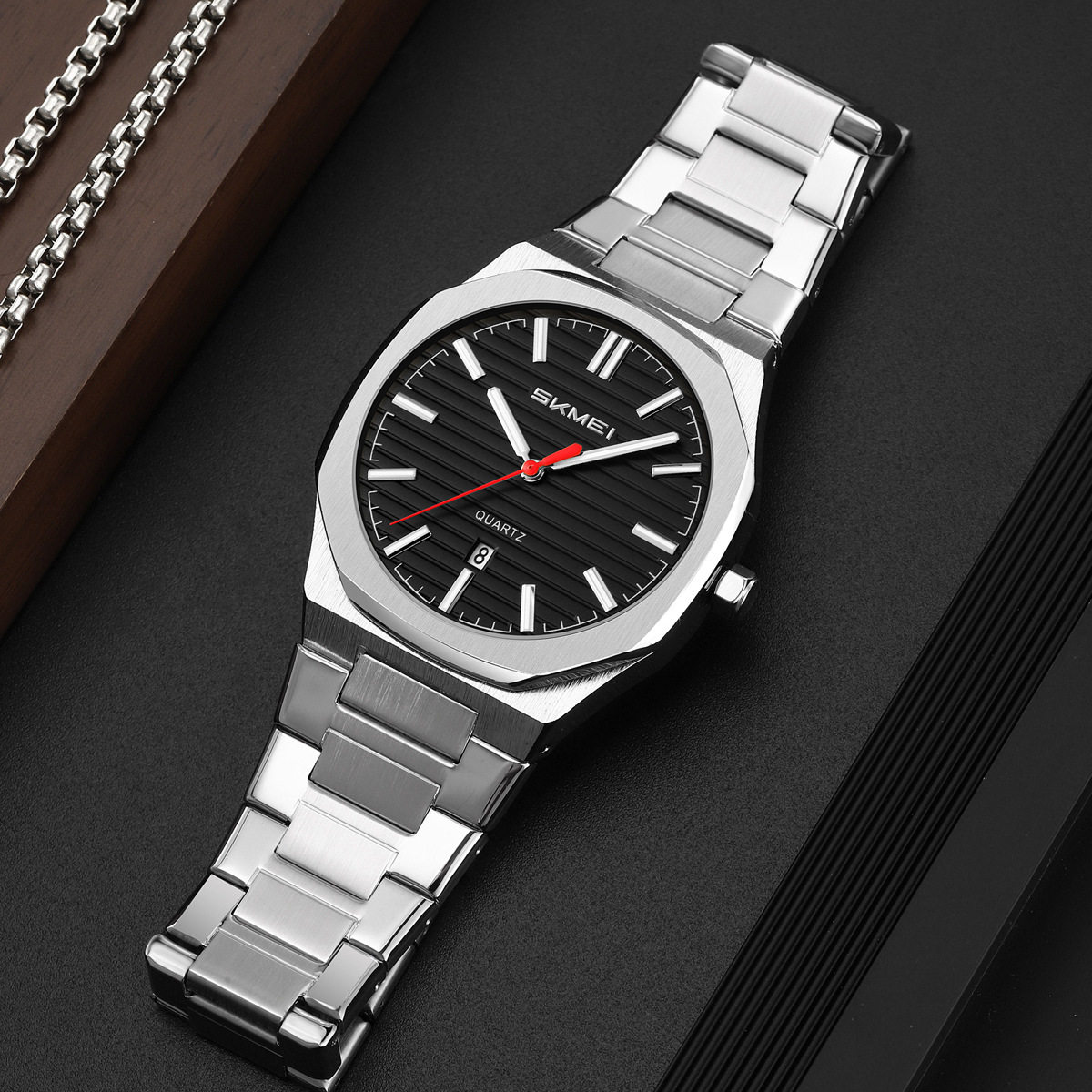 Momento de relojes de correa de acero octagonal esfera verde relojes de negocios para hombres comercio exterior al por mayor fábrica de fuente personalizada