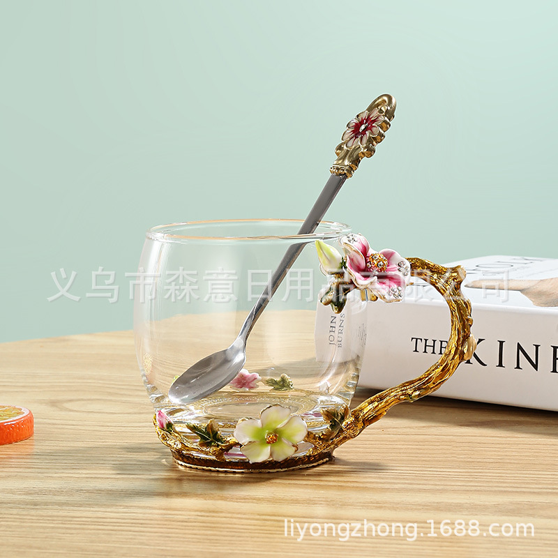 Esmalte taza de agua de color flor creativa taza de té taza de jugo taza de vidrio de cristal resistente al calor taza de café taza de pareja de gama alta regalo de la taza