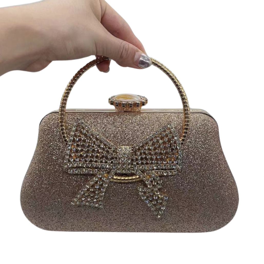 Túi clutch nữ dự tiệc da đơn giản tay cầm nơ — Màu đen, Màu bạc, Màu vàng nhạt, Màu Sâm panh chi tiết 9