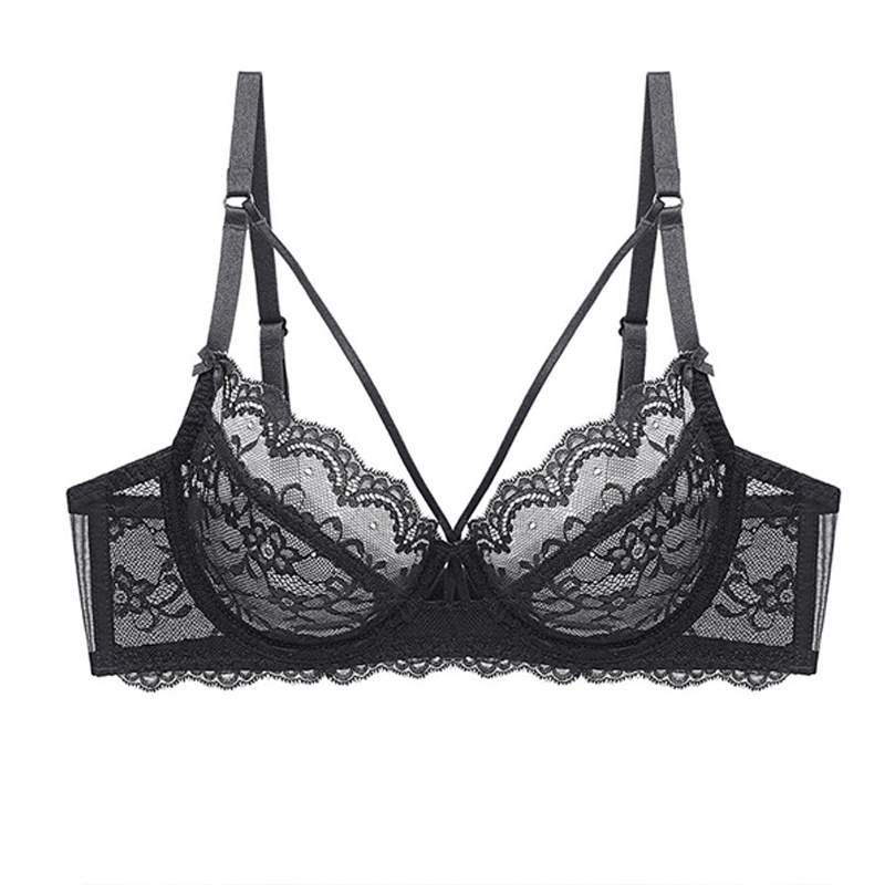 Sujetador de encaje sexy transfronterizo taza de cristal push-up delgada pura quiere hollow-out sujetador de soporte superior traje de ropa interior de mujer