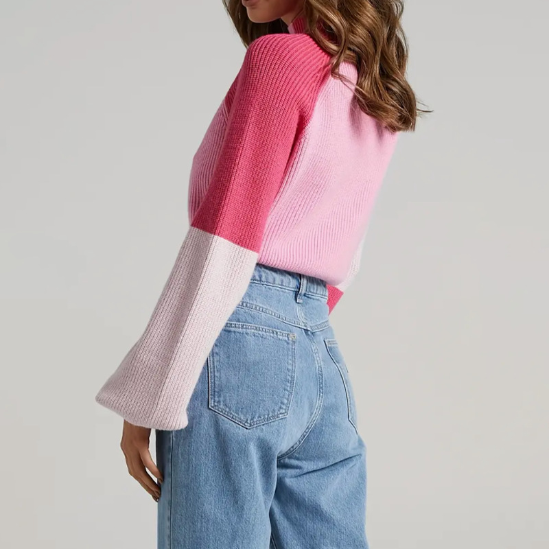 Damen-Strickpullover, Herbst/Winter-Mode, lockere Passform, Farbblock-Pullover, lässig, bequem, Rundhalsausschnitt, lange Ärmel_voghion.com