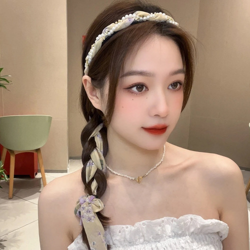 Floral headband, silk scarf, summer ribbon headband, one-piece women's daily wear, lace-up braided hair ribbon headdress