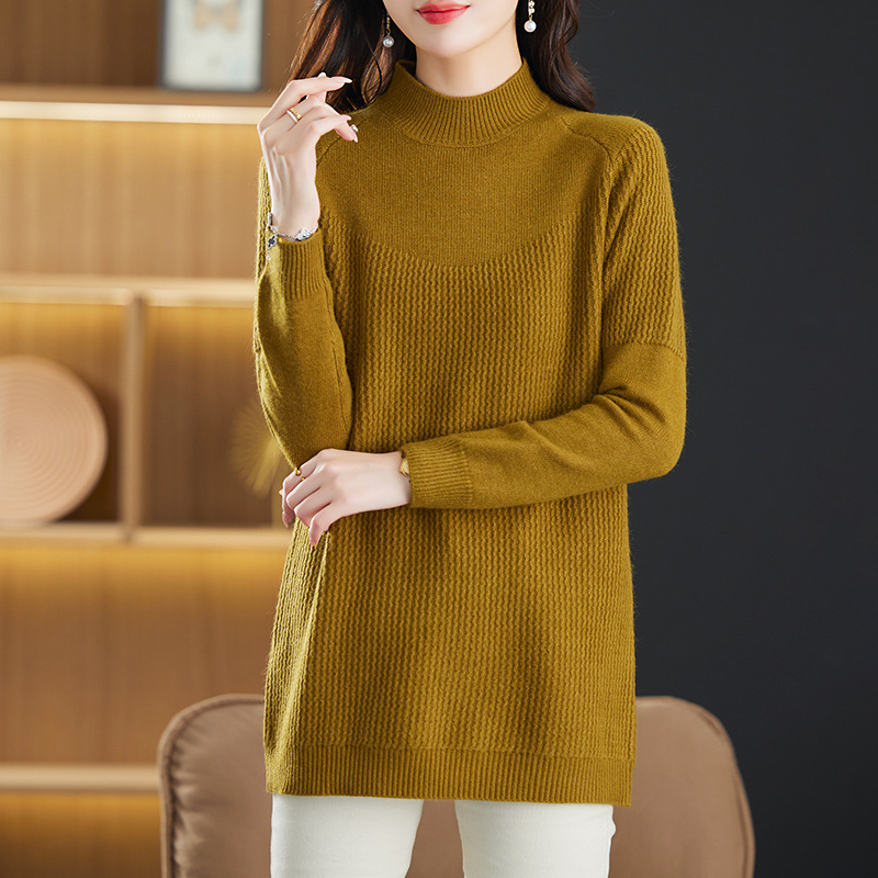 Demi-season long solid knitted long-sleeve with a round collar