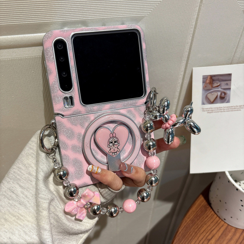 Pink Leopard Print Leather Case Suitable for Huawei Purax Foldable Screen Pocoket2/S Magnetic Stand Protective Cover