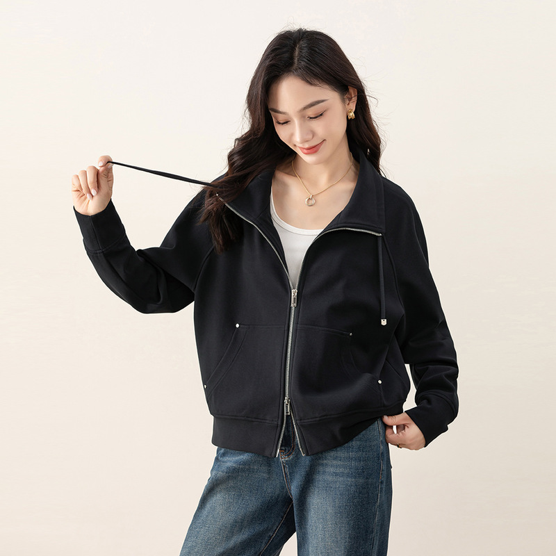 Xinge Navy Blue Zipper Sweatshirt Jacket for Women Autum Wool Blend Casual Loose Flip Small Jacket Top