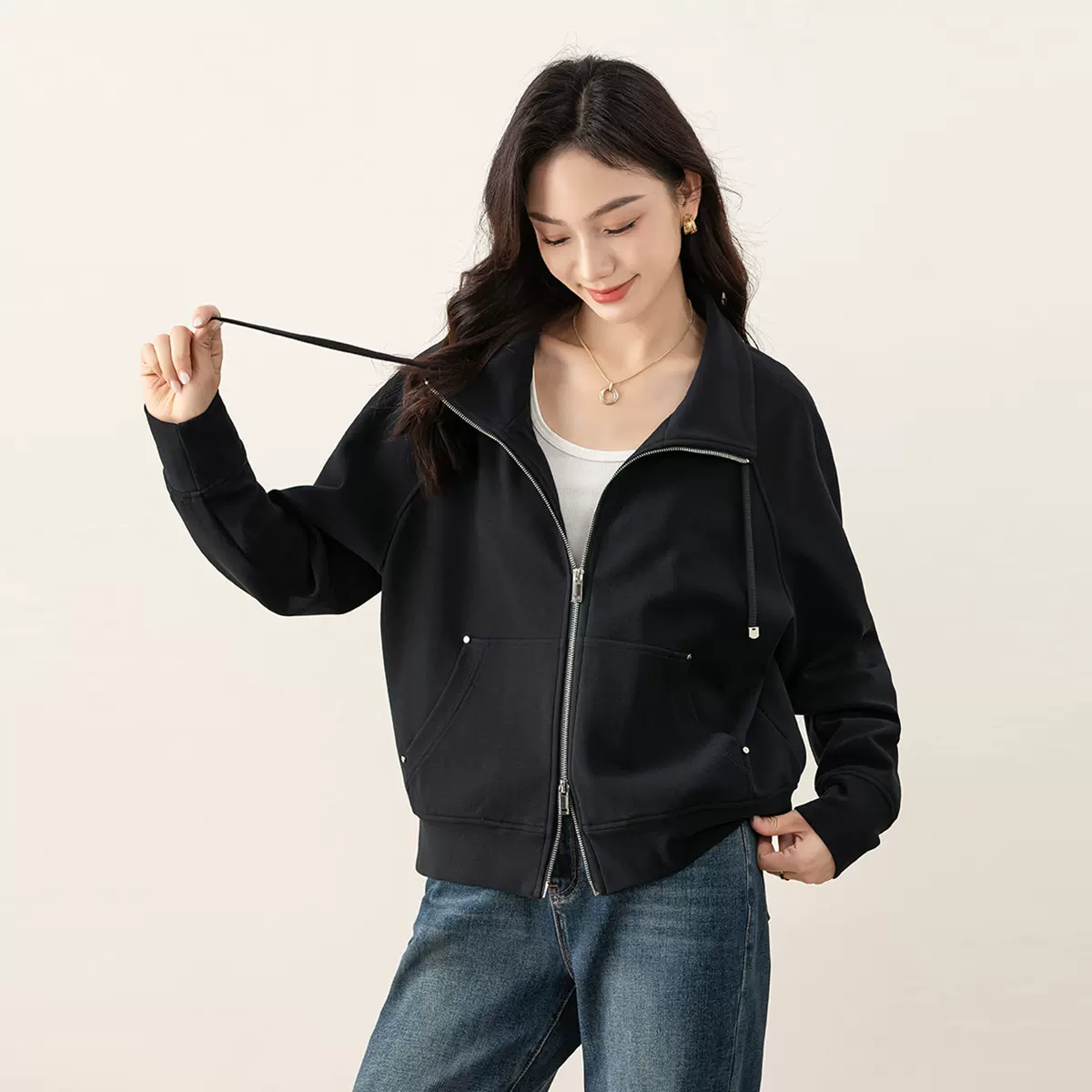 鑫阁藏蓝色拉链卫衣外套女秋季羊毛混纺休闲宽松翻小个子夹克上衣