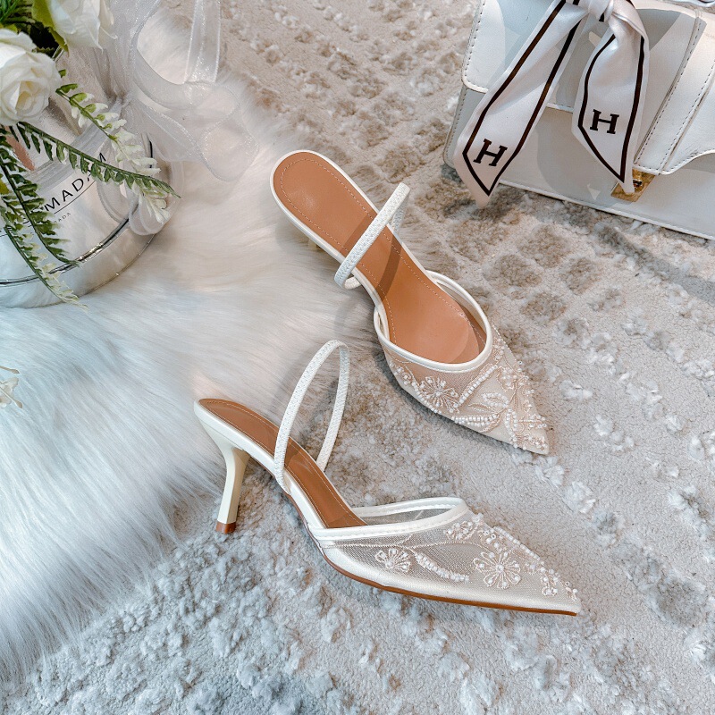 2025 New Pointed Toe Open-Back Solid Color Embroidered Pointed Stiletto High Heel Mules for Women