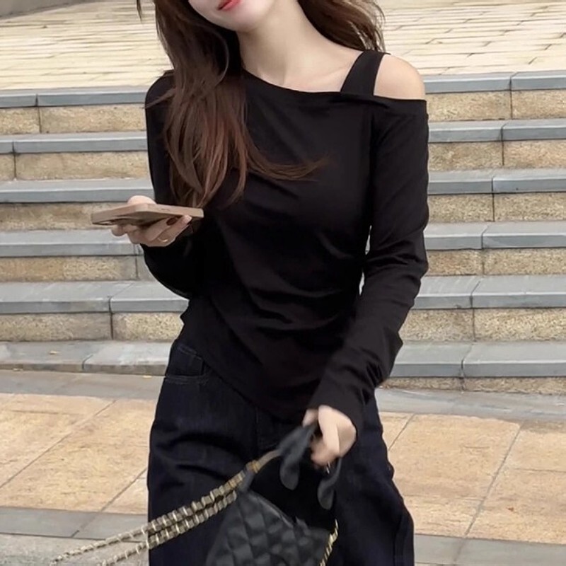 大码条纹斜领露肩长袖T恤女2025秋季新款胖mm修身显瘦不规则上衣|undefined