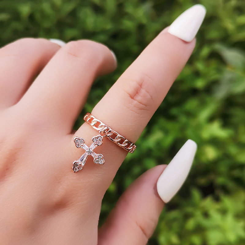 Simple Style Cross Alloy Plating Inlay Rhinestones Women's Open Ring 1 Piece display picture 4